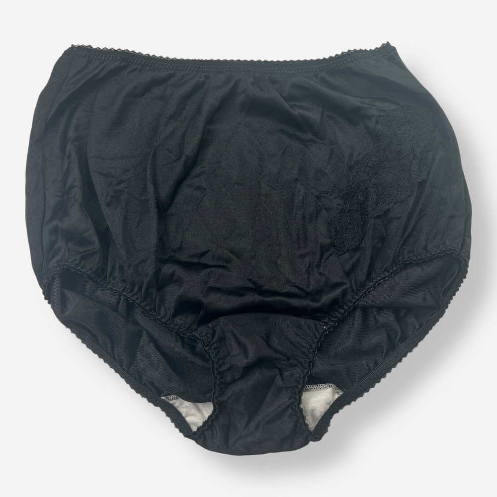 Vintage Blush Black Satin Nylon Panty Granny Panties Mushroom Gusset Lace Sz 6